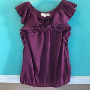 Ladies eggplant ruffled neckline blouson top M